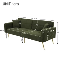 Convertible Sofa Bed with Adjustable Backrest, Gold Legs, Side Pockets, Sherpa Fabric Loveseat for Living Room, 176L x 64W x 75H cm, Green(m-3)
