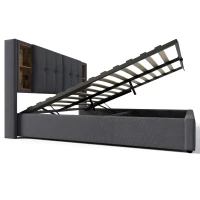 Upholstered Double Bed with Wireless Charging and Hydraulic Storage, Linen Fabric King Size Bed Frame, 206L x 155W x 100.5H cm, Grey(m-19)