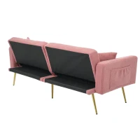 Convertible Sofa Bed with Adjustable Backrest, Gold Legs, Side Pockets, Sherpa Fabric Sleeper Sofa for Bedroom, 176L x 64W x 75H cm, Pink(m-15)