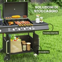 Outsunny Barbecue a Gas con Fornello Laterale, Tavolino e Armadietto, in Acciaio e PP, 129.5x56x110 cm, Nero(m-6)