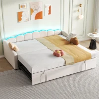 Petal Shape Sofa Bed with RGB LED Lighting, Velvet Upholstered Daybed with Trundle, 202L x 187.5W x 80H cm, Beige(m-1)