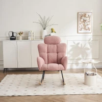 Upholstered Tufted Teddy Fabric Rocking Chair with Headrest and Backrest, Wooden Frame, Painted Metal Base, 102L x 70W x 105H cm, Pink(m-4)