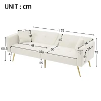 Convertible Sofa Bed with Adjustable Backrest, Sherpa Fabric, Gold Legs, Loveseat with Side Storage Pockets, 176L x 64W x 75H cm, White(m-3)
