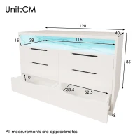 Marbled 6-Drawer Sideboard with RGB LED Lighting, Modern Storage Cabinet for Living Room or Home Office, 120L x 40W x 85H cm, White(m-3)