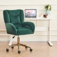 Height-Adjustable Swivel Chair with 360° Revolving Wheels, Gold Legs, Velvet Armchair for Home Office, 64L x 62W x 92.5-99H cm, Green(m-5)
