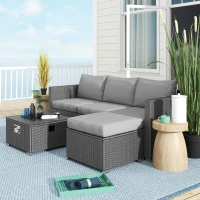 Outsunny Five Piece Rattan Garden Furniture Set with Gas Fire Pit Table and Footstool - Grey(m-9)
