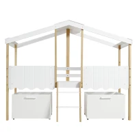 Children's Wooden Storage Bed with Safety Guardrail, Roof Design and Two Wheeled Storage Boxes, 196L x 98W x 158.5H cm, White+Natural(m-2)