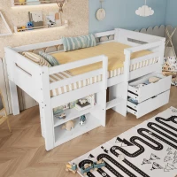 3ft Storage Bed with 2 Drawers and Compartments, Pine and Particle Board, for Children's Room - White(m-5)