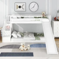 Bunk Bed with Stairs and Slide, Solid Pine Wood Frame, Children's Bed with Storage Drawers, Modern and Sturdy Design, 233L x 223W x 125H cm, White(m-1)