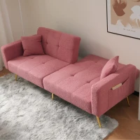 Convertible Sofa Bed with Adjustable Backrest, Gold Legs, Side Pockets, Sherpa Fabric Sleeper Sofa for Bedroom, 176L x 64W x 75H cm, Pink(m-5)