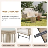 Hand-Woven Garden Lounge Sofa Set with 2 Armchairs, 2 Two-Seater Sofas, 2 Round Tables, Ideal for Patio, Terrace, 187L x 124W x 78H cm, Beige(m-5)