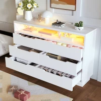 Marbled 6-Drawer Sideboard with RGB LED Lighting, Modern Storage Cabinet for Living Room or Home Office, 120L x 40W x 85H cm, White(m-10)