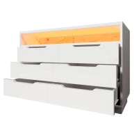 Marbled 6-Drawer Sideboard with RGB LED Lighting, Modern Storage Cabinet for Living Room or Home Office, 120L x 40W x 85H cm, White(m-13)