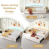 Petal Shape Sofa Bed with RGB LED Lighting, Velvet Upholstered Daybed with Trundle, 202L x 187.5W x 80H cm, Beige(m-6)