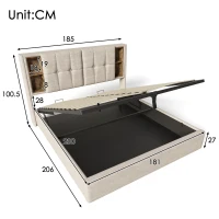 Upholstered Super King Size Bed Frame with Hydraulic Storage and Wireless Charging, 206L x 185W x 100.5H cm, Natural(m-3)