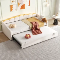 Petal Shape Sofa Bed with RGB LED Lighting, Velvet Upholstered Daybed with Trundle, 202L x 187.5W x 80H cm, Beige(m-9)