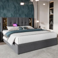 Upholstered Super King Size Bed Frame with Wireless Charging, Hydraulic Storage, 206L x 185W x 100.5H cm, Grey(m-10)