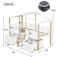 Children's Wooden Storage Bed with Safety Guardrail, Roof Design and Two Wheeled Storage Boxes, 196L x 98W x 158.5H cm, White+Natural(m-3)