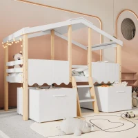 Children's Wooden Storage Bed with Safety Guardrail, Roof Design and Two Wheeled Storage Boxes, 196L x 98W x 158.5H cm, White+Natural(m-6)