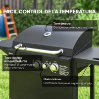 Outsunny Barbacoa de Gas con 3 Quemadores Parrilla para 5-9 Personas Quemador Lateral Termómetro y Ruedas 123x57x98 cm Negro(m-5)
