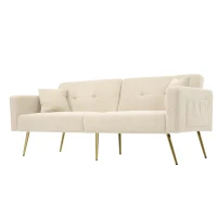 Sherpa Convertible Sofa Bed with 2 Side Pockets, Adjustable Backrest, Gold Legs, Elegant Loveseat for Bedroom, 176L x 64W x 75H cm, Beige(m-13)