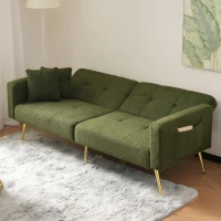 Convertible Sofa Bed with Adjustable Backrest, Gold Legs, Side Pockets, Sherpa Fabric Loveseat for Living Room, 176L x 64W x 75H cm, Green(m-6)