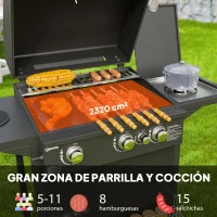 Outsunny Barbacoa de Gas con 3 Quemadores Parrilla para 5-9 Personas Quemador Lateral Termómetro y Ruedas 123x57x98 cm Negro(m-4)