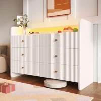 Fluted 6-Drawer Sideboard with RGB LED Lighting, Modern Storage Cabinet for Living Room, Bedroom, Dining Room, Office, 120L x 40W x 75H cm, White(m-10)