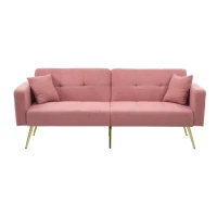 Convertible Sofa Bed with Adjustable Backrest, Gold Legs, Side Pockets, Sherpa Fabric Sleeper Sofa for Bedroom, 176L x 64W x 75H cm, Pink(m-2)