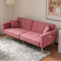 Convertible Sofa Bed with Adjustable Backrest, Gold Legs, Side Pockets, Sherpa Fabric Sleeper Sofa for Bedroom, 176L x 64W x 75H cm, Pink(m-4)