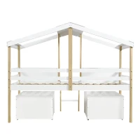 Children's Wooden Storage Bed with Safety Guardrail, Roof Design and Two Wheeled Storage Boxes, 196L x 98W x 158.5H cm, White+Natural(m-15)