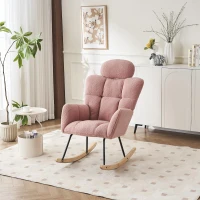 Upholstered Tufted Teddy Fabric Rocking Chair with Headrest and Backrest, Wooden Frame, Painted Metal Base, 102L x 70W x 105H cm, Pink(m-1)