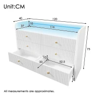 Fluted 6-Drawer Sideboard with RGB LED Lighting, Modern Storage Cabinet for Living Room, Bedroom, Dining Room, Office, 120L x 40W x 75H cm, White(m-3)