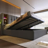 Upholstered Double Bed with Wireless Charging and Hydraulic Storage, Linen Fabric King Size Bed Frame, 206L x 155W x 100.5H cm, Grey(m-14)