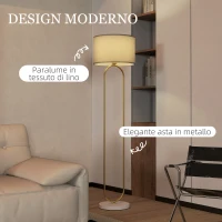 HOMCOM Lampada da Terra Moderna con Paralume in Tessuto, Doppio Tubo Metallico e Interruttore a Pedale, Oro(m-4)