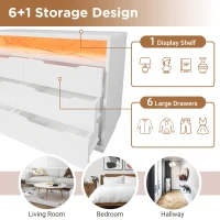 Marbled 6-Drawer Sideboard with RGB LED Lighting, Modern Storage Cabinet for Living Room or Home Office, 120L x 40W x 85H cm, White(m-5)