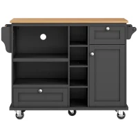 Mobile Kitchen Trolley with 5 Wheels, Drawers and Cupboards, Wooden Worktop, Food Cart for Kitchen Organization, 129L x 46W x 92H cm, Black(m-15)