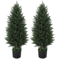 HOMCOM 2er-Set Künstliche Zypressen, Kunstbäume mit 831 Blättern, mit Zementtopf, UV-beständig, Kunstpflanze, 90 cm, Grün