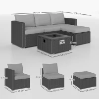Outsunny Five Piece Rattan Garden Furniture Set with Gas Fire Pit Table and Footstool - Grey(m-3)