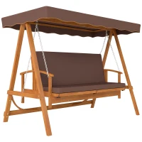 Outsunny Huśtawka Ogrodowa z Daszkiem, Drewniana, z Funkcją Leżanki, na 3 Osoby, Brąz(m-10)