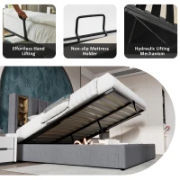 Upholstered Double Bed with Wireless Charging and Hydraulic Storage, Linen Fabric King Size Bed Frame, 206L x 155W x 100.5H cm, Grey(m-6)