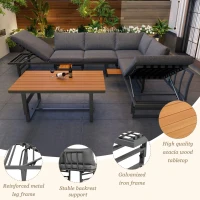Outdoor Garden Furniture Set with 2 Sofas, Adjustable Wood Table, Galvanised Iron Frame, Cushions and Pillows, 250L x 186W x 76H cm, Grey(m-5)