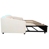 Petal Shape Sofa Bed with RGB LED Lighting, Velvet Upholstered Daybed with Trundle, 202L x 187.5W x 80H cm, Beige(m-15)
