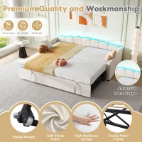 Petal Shape Sofa Bed with RGB LED Lighting, Velvet Upholstered Daybed with Trundle, 202L x 187.5W x 80H cm, Beige(m-4)