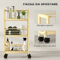 HOMCOM Scaffale Bagno a 3 Livelli con Ruote, Carrellino in Legno di Bambù, 36x15x73 cm, Colore Legno(m-5)