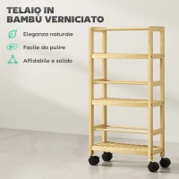 HOMCOM Scaffale Bagno a 3 Livelli con Ruote, Carrellino in Legno di Bambù, 36x15x73 cm, Colore Legno(m-6)