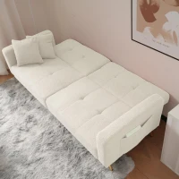 Convertible Sofa Bed with Adjustable Backrest, Sherpa Fabric, Gold Legs, Loveseat with Side Storage Pockets, 176L x 64W x 75H cm, White(m-7)