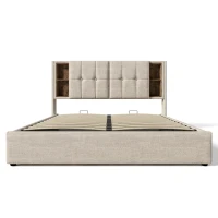 Upholstered Double Bed with Wireless Charging, Hydraulic Storage and Linen Fabric, 206L x 155W x 100.5H cm, Natural(m-2)
