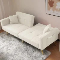 Convertible Sofa Bed with Adjustable Backrest, Sherpa Fabric, Gold Legs, Loveseat with Side Storage Pockets, 176L x 64W x 75H cm, White(m-5)