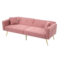Convertible Sofa Bed with Adjustable Backrest, Gold Legs, Side Pockets, Sherpa Fabric Sleeper Sofa for Bedroom, 176L x 64W x 75H cm, Pink(m-12)